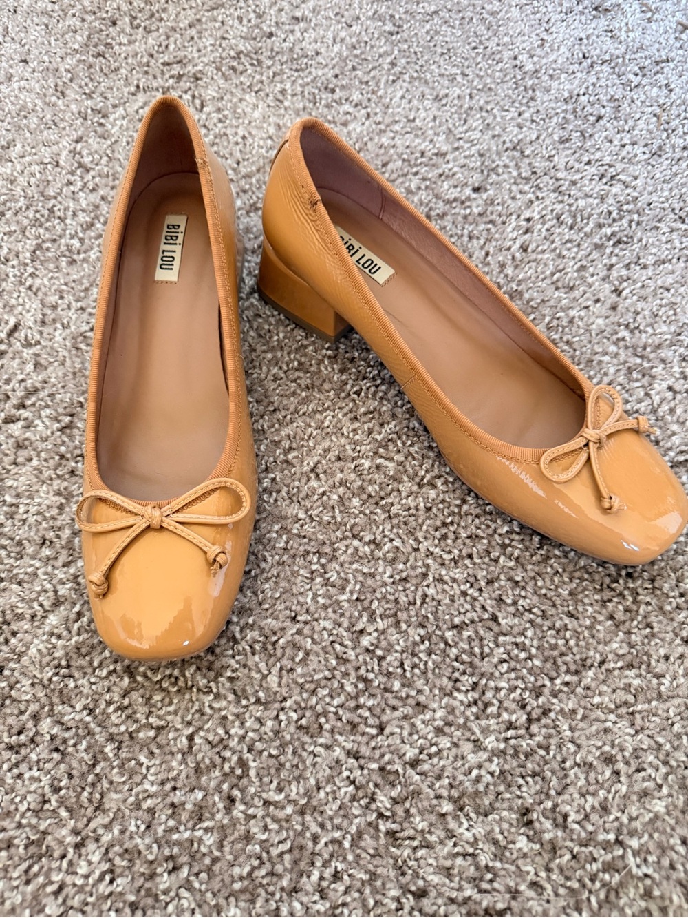Bibi Lou Tan Patent Low Block Heel Pumps with Bow Accent
